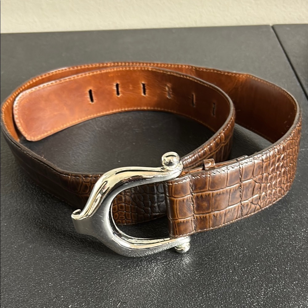 Brian Toohey Brown Leather Silver Hardware Croc Embossed Belt Medium
